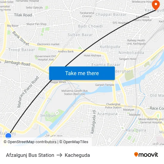 Afzalgunj Bus Station to Kacheguda map