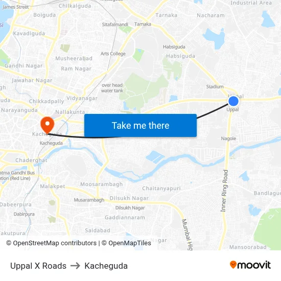 Uppal X Roads to Kacheguda map