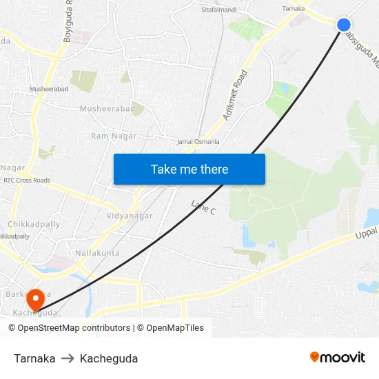Tarnaka to Kacheguda map
