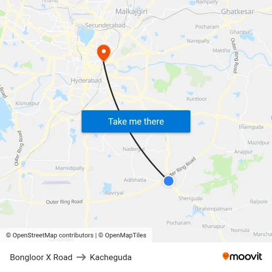 Bongloor X Road to Kacheguda map