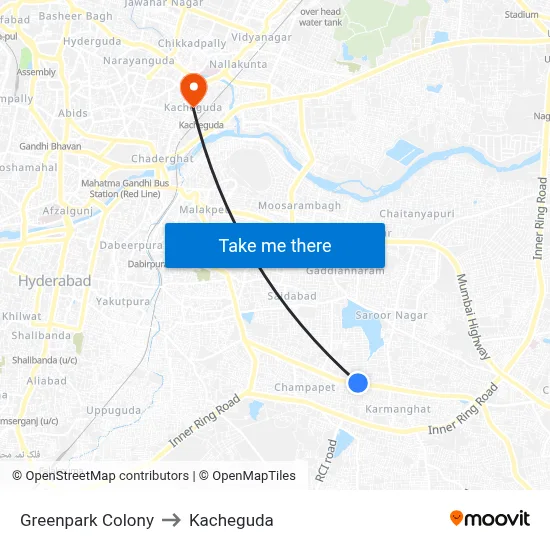Greenpark Colony to Kacheguda map