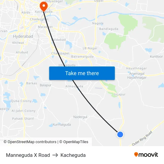 Manneguda X Road to Kacheguda map