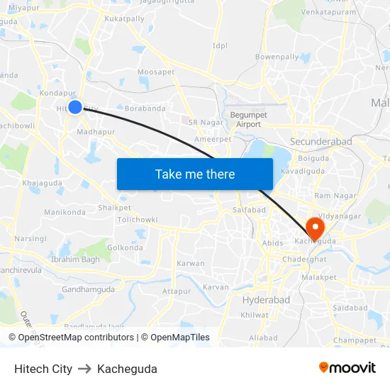 Hitech City to Kacheguda map