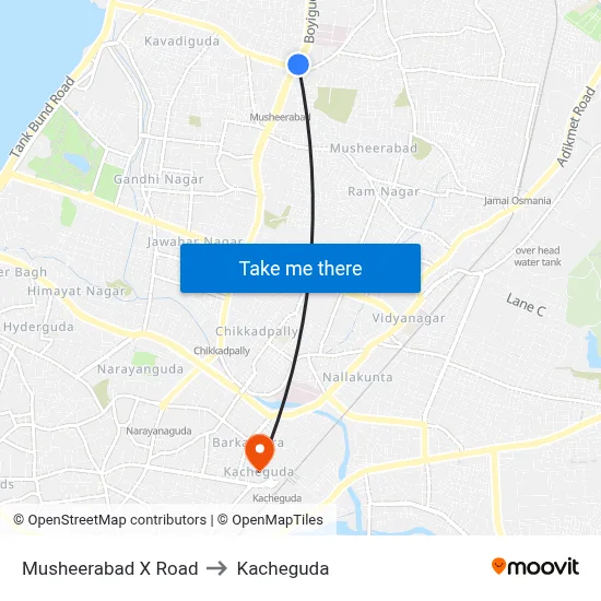 Musheerabad X Road to Kacheguda map