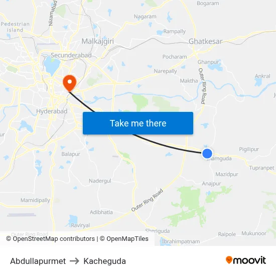 Abdullapurmet to Kacheguda map