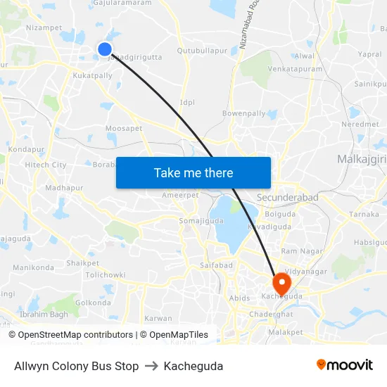 Allwyn Colony Bus Stop to Kacheguda map