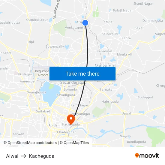 Alwal to Kacheguda map