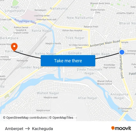 Amberpet to Kacheguda map