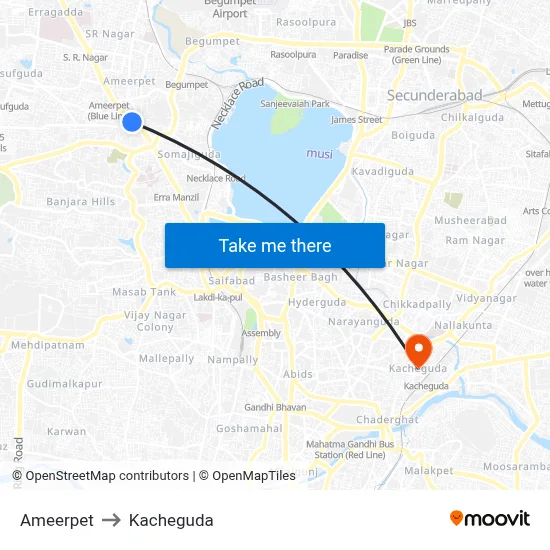 Ameerpet to Kacheguda map