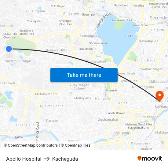 Apollo Hospital to Kacheguda map