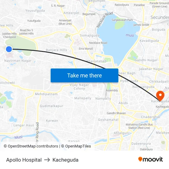 Apollo Hospital to Kacheguda map