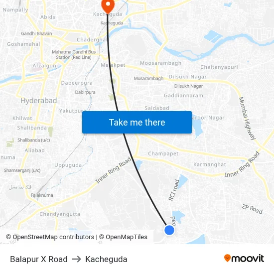 Balapur X Road to Kacheguda map