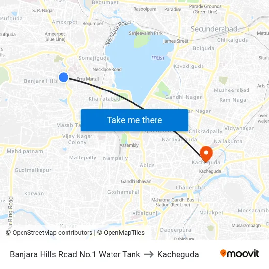 Banjara Hills Road No.1 Water Tank to Kacheguda map