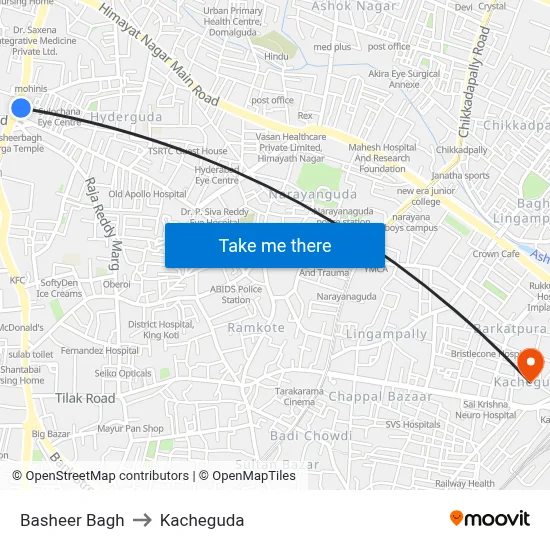 Basheer Bagh to Kacheguda map