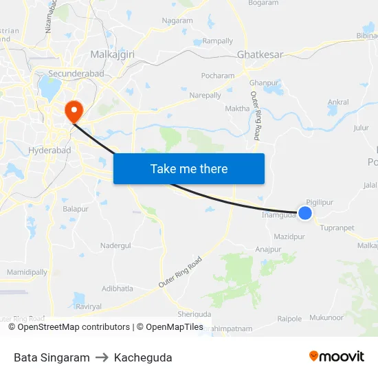 Bata Singaram to Kacheguda map