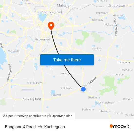 Bongloor X Road to Kacheguda map