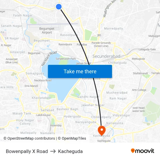 Bowenpally X Road to Kacheguda map