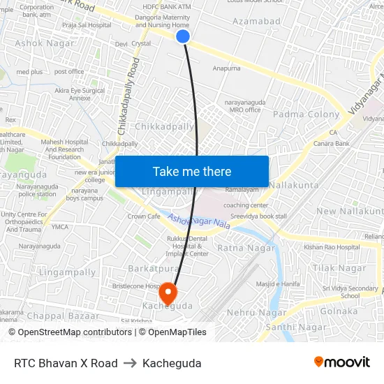 RTC Bhavan X Road to Kacheguda map