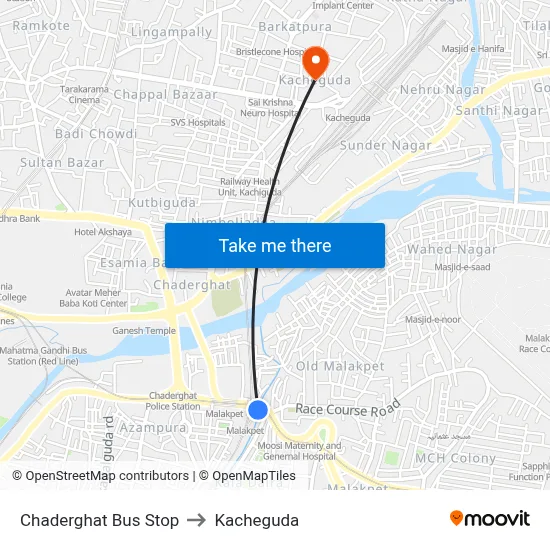 Chaderghat Bus Stop to Kacheguda map
