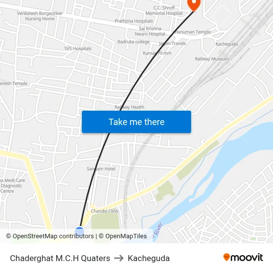 Chaderghat M.C.H Quaters to Kacheguda map