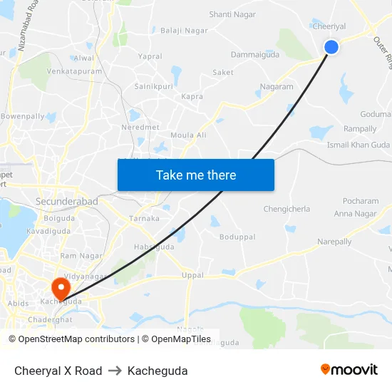 Cheeryal X Road to Kacheguda map