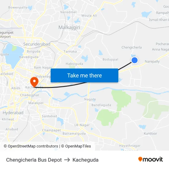 Chengicherla Bus Depot to Kacheguda map