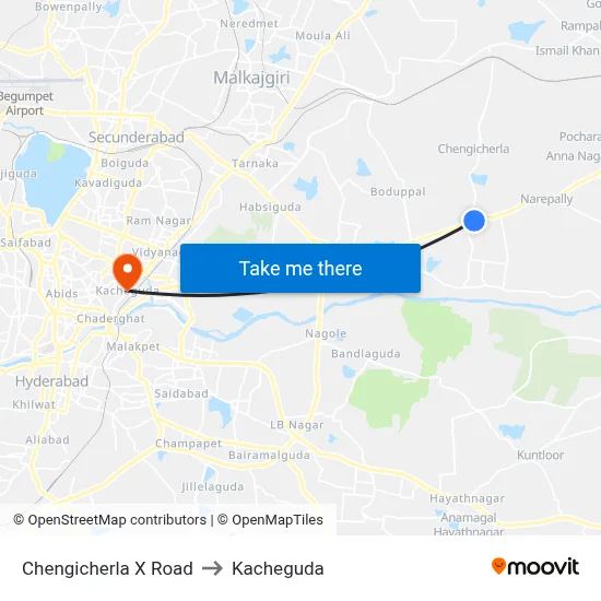 Chengicherla X Road to Kacheguda map