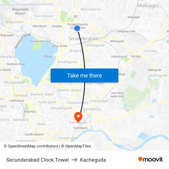 Secunderabad Clock Tower to Kacheguda map