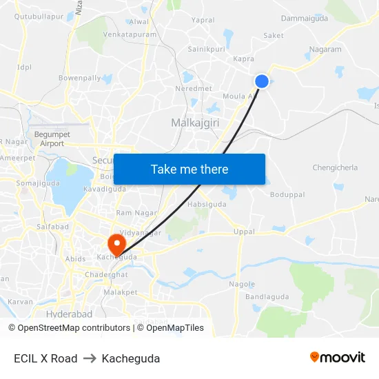 ECIL X Road to Kacheguda map