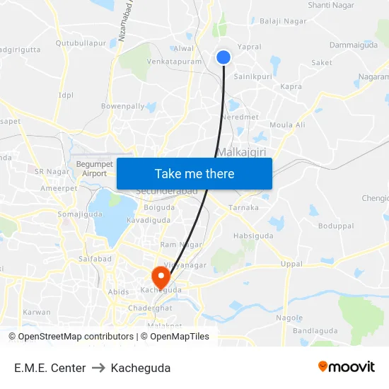 E.M.E. Center to Kacheguda map