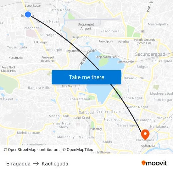 Erragadda to Kacheguda map