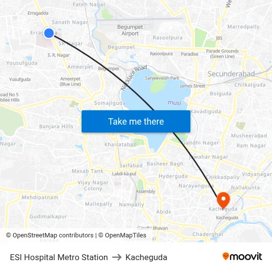 ESI Hospital Metro Station to Kacheguda map