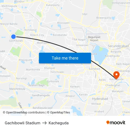 Gachibowli Stadium to Kacheguda map