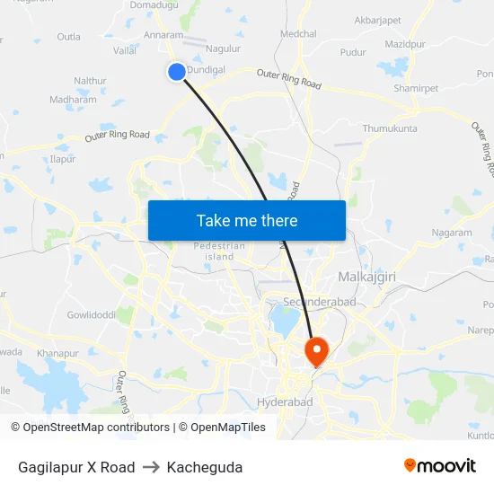 Gagilapur X Road to Kacheguda map