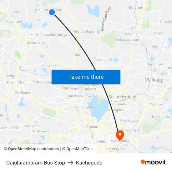 Gajularamaram Bus Stop to Kacheguda map