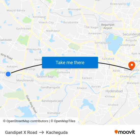 Gandipet X Road to Kacheguda map