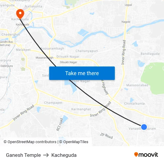 Ganesh Temple to Kacheguda map