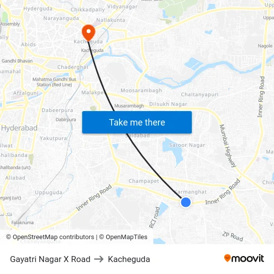 Gayatri Nagar X Road to Kacheguda map