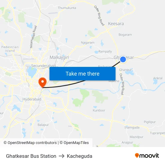 Ghatkesar Bus Station to Kacheguda map
