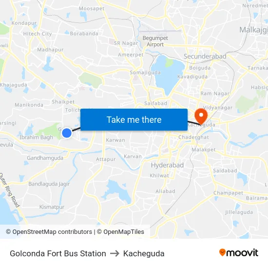 Golconda Fort Bus Station to Kacheguda map