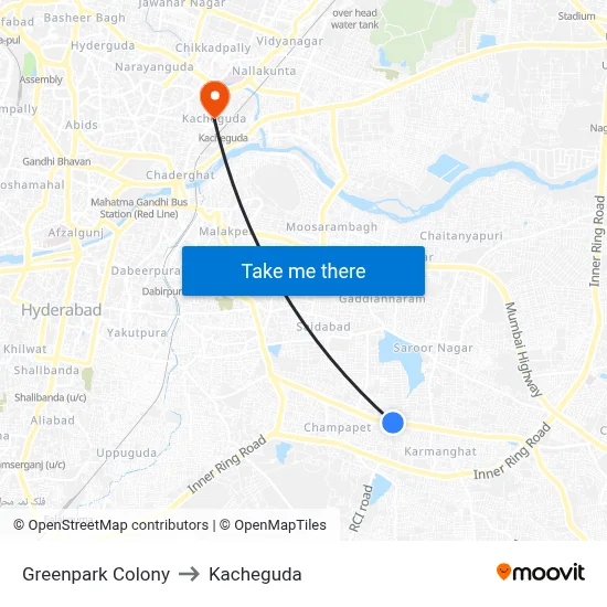 Greenpark Colony to Kacheguda map