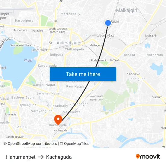 Hanumanpet to Kacheguda map