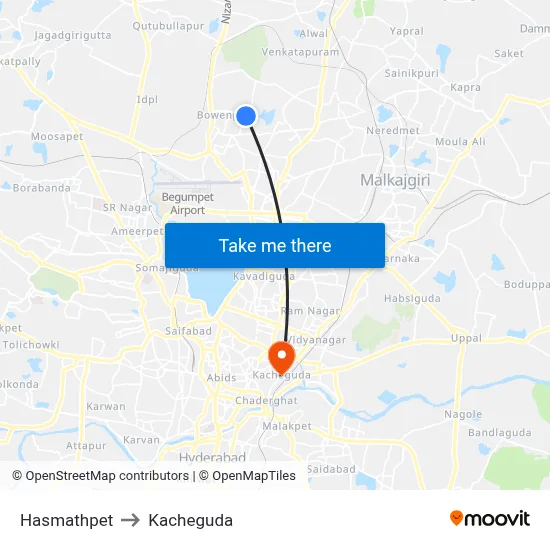 Hasmathpet to Kacheguda map