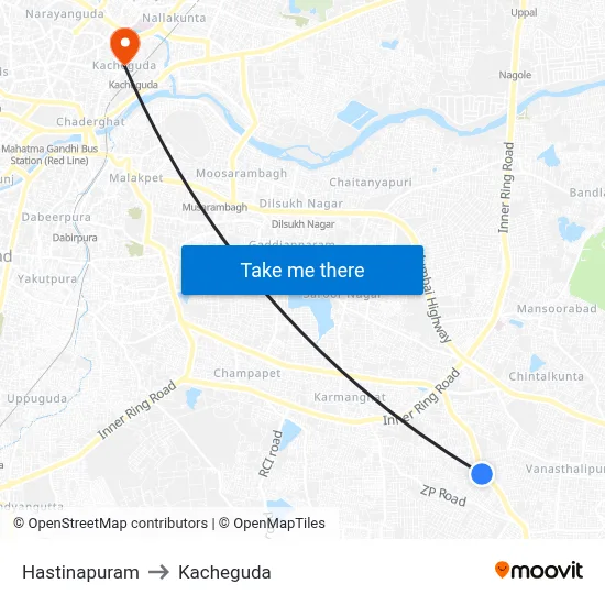Hastinapuram to Kacheguda map