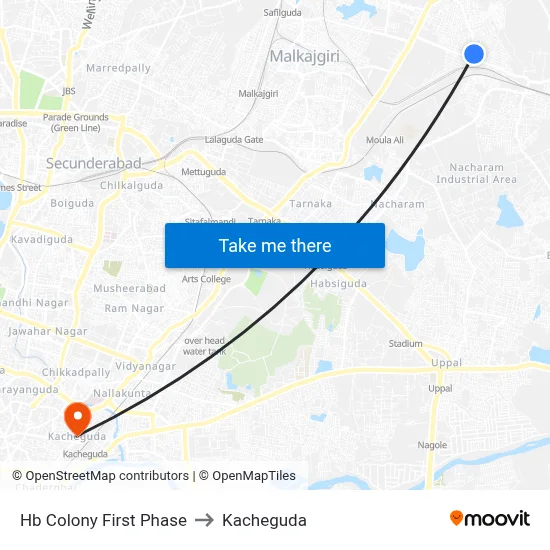 Hb Colony First Phase to Kacheguda map