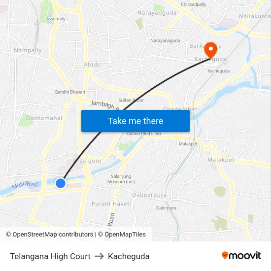 Telangana High Court to Kacheguda map
