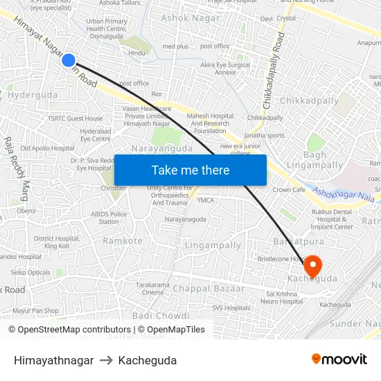 Himayathnagar to Kacheguda map