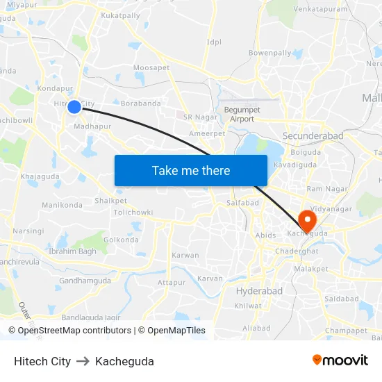 Hitech City to Kacheguda map