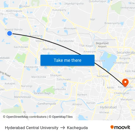 Hyderabad Central University to Kacheguda map