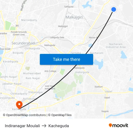 Indiranagar Moulali to Kacheguda map
